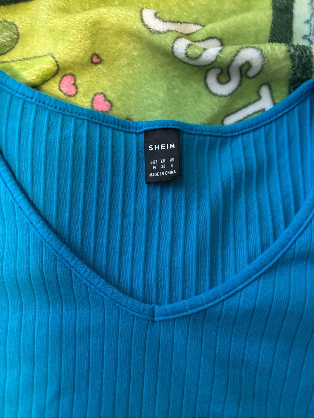 SHEIN Turquoise Ribbed V-Neck T-Shirt